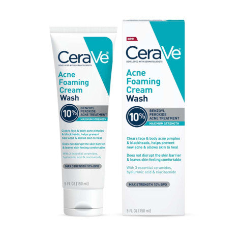 Crema limpiadora facial espumosa Cerave con peróxido de benzoilo al 10% para el acné